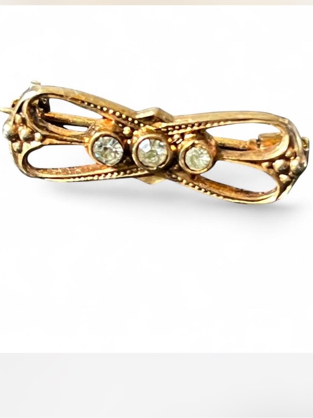Vintage Victorian Style Small Gold-Tone Bow Bar Pin with Clear Rhinestones
